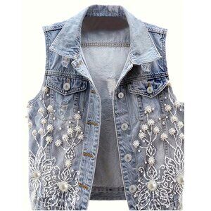 Blue White Denim Floral Bead Embroidered Distressed Jacket Vest L